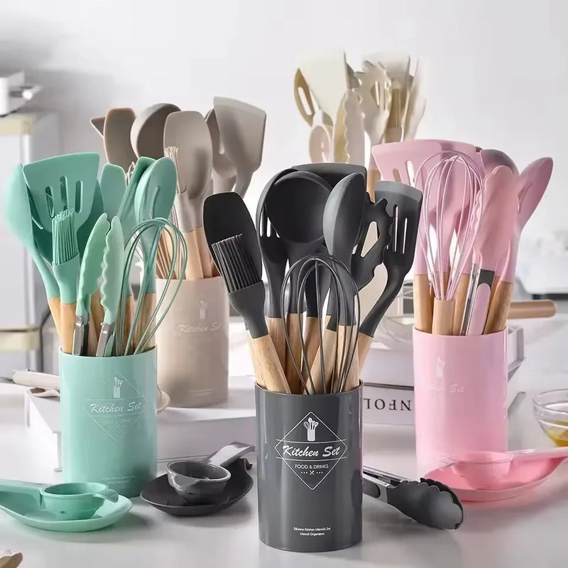 KIT 12 Food Grade Silicone Kitchen Utensils Measuring Spoon Spatula Practical Kitchen Tool Set