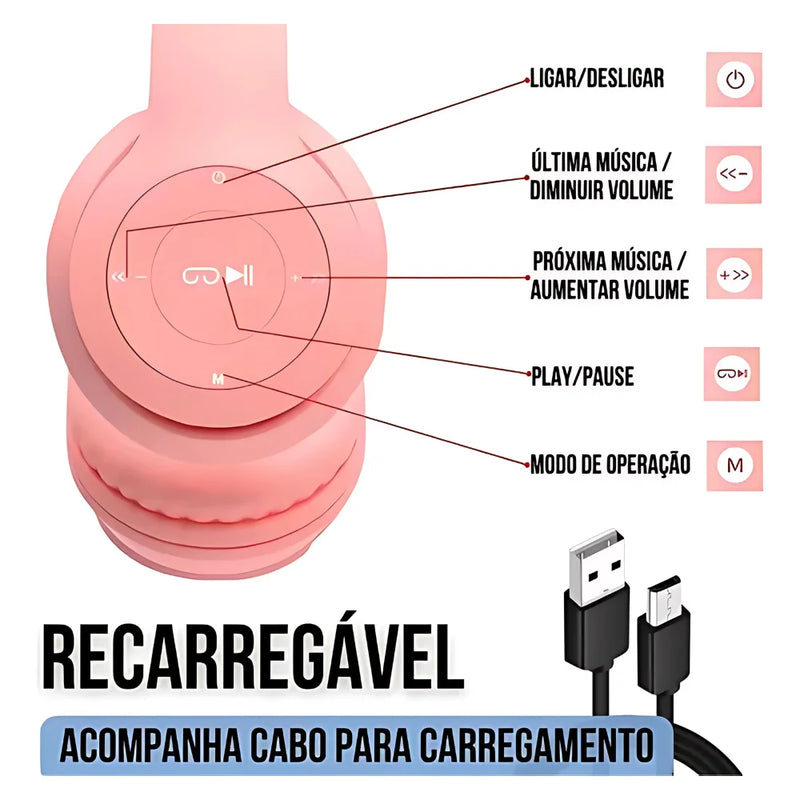 Fone de ouvido Bluetooth com orelhas de gatinho LED para meninos e meninas em cores variadas