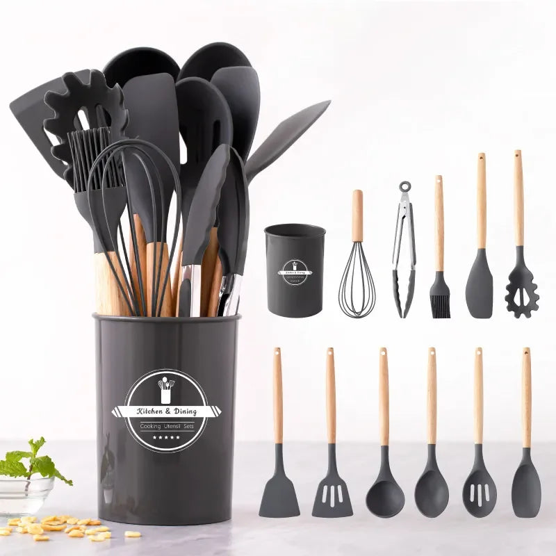 SKYTUR KIT Cozinha Conjunto com 12 peças Jogo de Utensilio Culinário cabo de Madeira Antiaderente Envio Rápido para todo Brasil