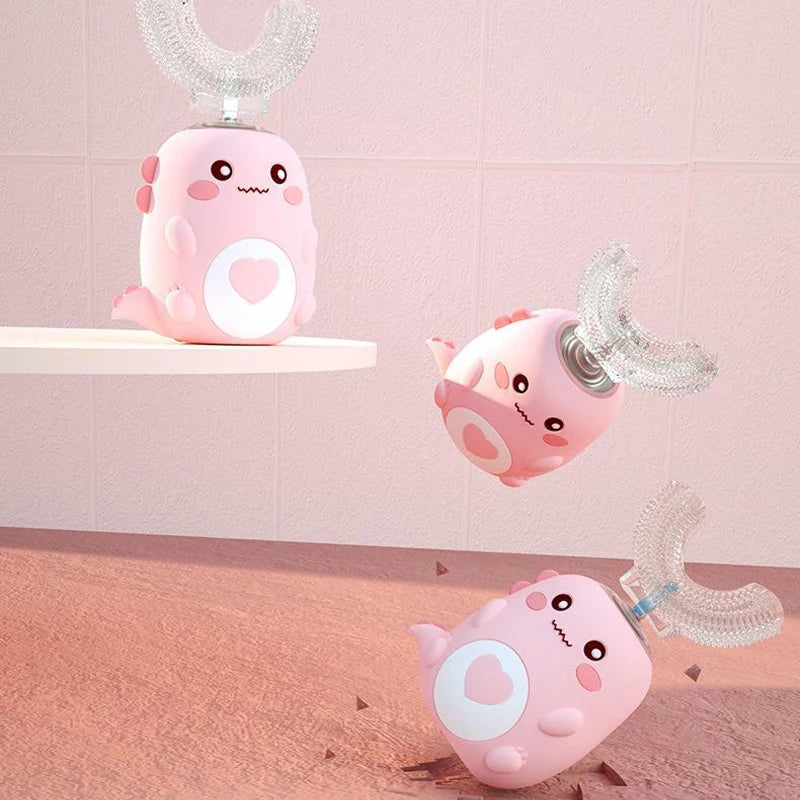 Escova de dentes elétrica infantil em formato de U, escova de silicone com desenho animado 360 graus, recarregável.