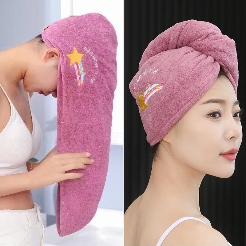 Toalha de cabelo super absorvente e macia para mulheres. Toca estilosa e fácil de usar.