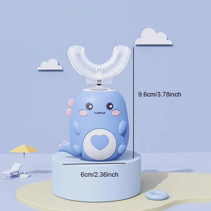 Escova de dentes elétrica infantil em formato de U, escova de silicone com desenho animado 360 graus, recarregável.