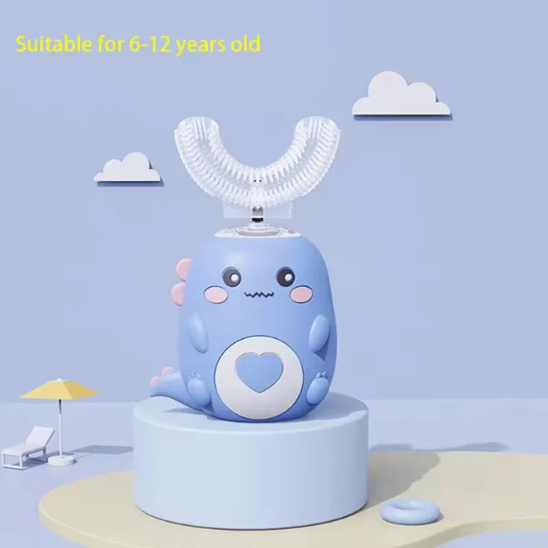 Escova de dentes elétrica infantil em formato de U, escova de silicone com desenho animado 360 graus, recarregável.