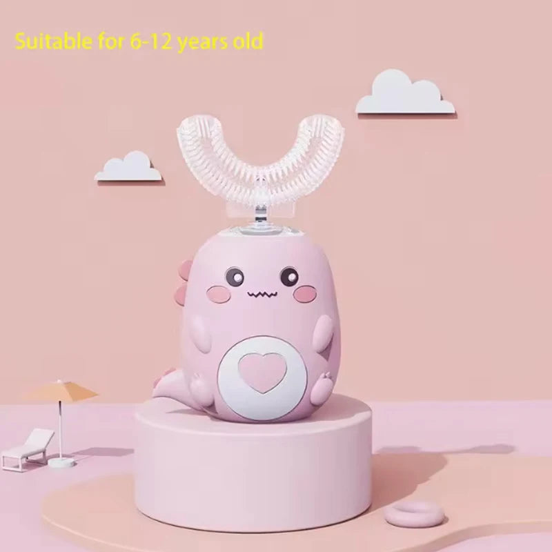 Escova de dentes elétrica infantil em formato de U, escova de silicone com desenho animado 360 graus, recarregável.