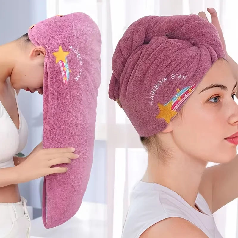 Toalha de cabelo super absorvente e macia para mulheres. Toca estilosa e fácil de usar.