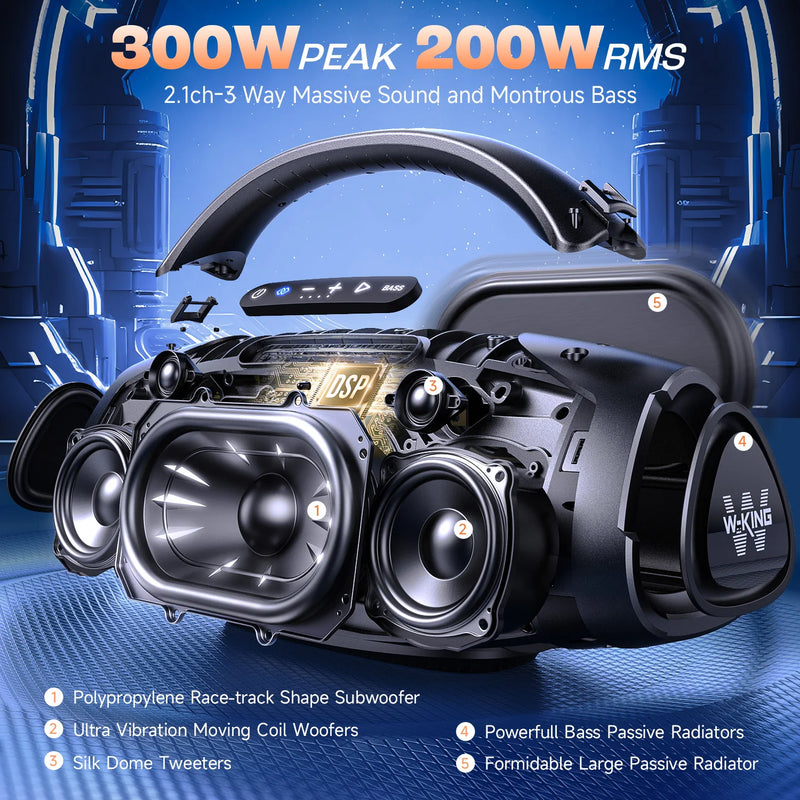 W-KING Portable Bluetooth Speaker 200W RMS Outdoor Wireless Speaker IPX7 Waterproof Speaker Party Camping Speaker 24H Playtime