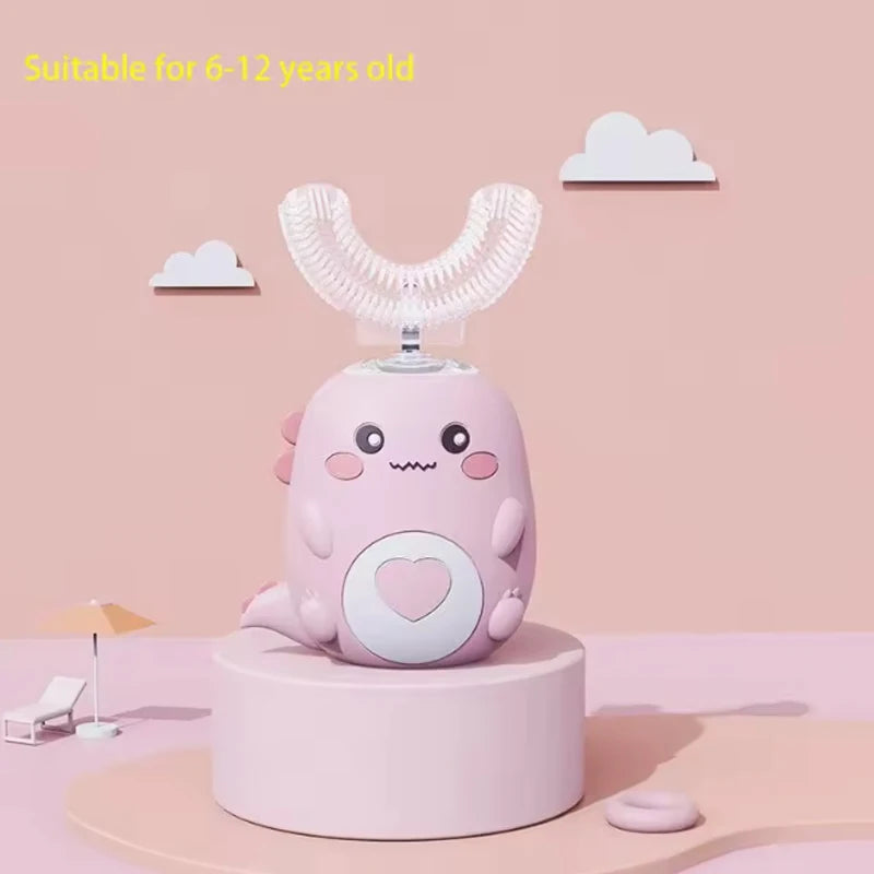 Escova de dentes elétrica infantil em formato de U, escova de silicone com desenho animado 360 graus, recarregável.