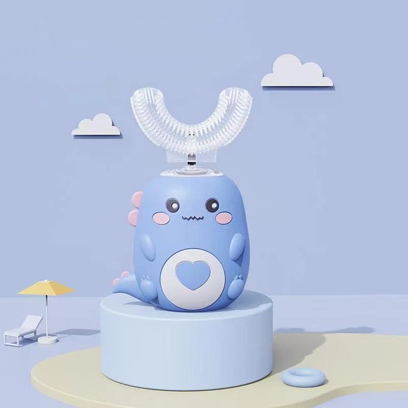 Escova de dentes elétrica infantil em formato de U, escova de silicone com desenho animado 360 graus, recarregável.