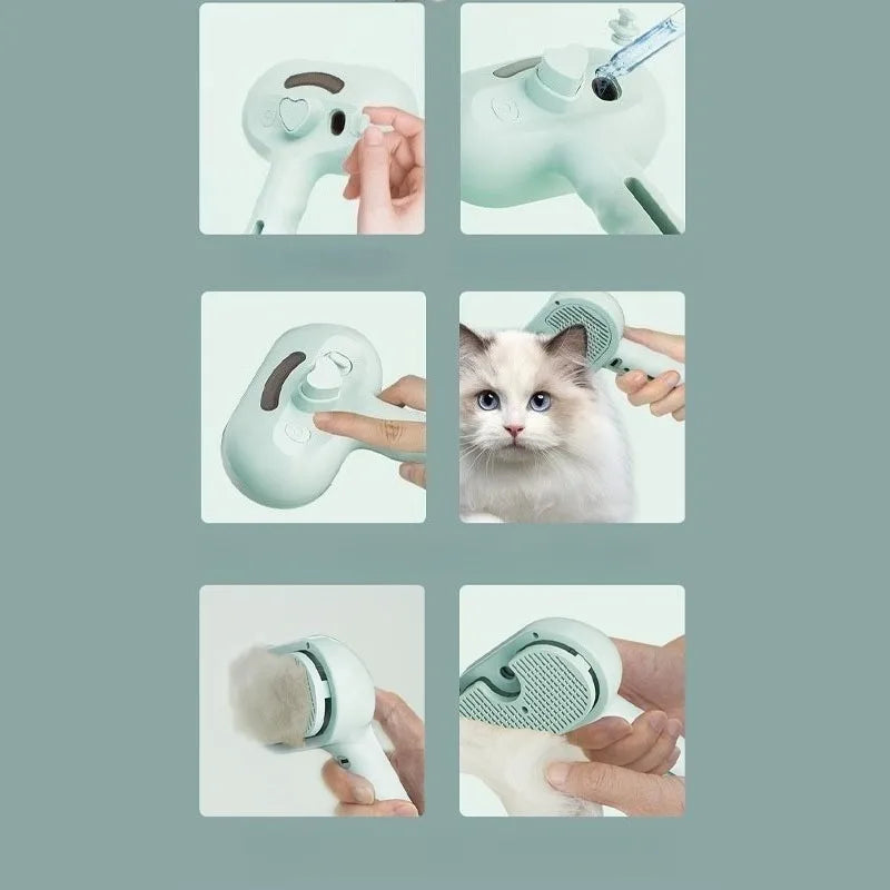 Escova de massagem a vapor para animais de estimação, escova universal 3 em 1, removedor de pelos, pente de massagem multifuncional, escova de spray.