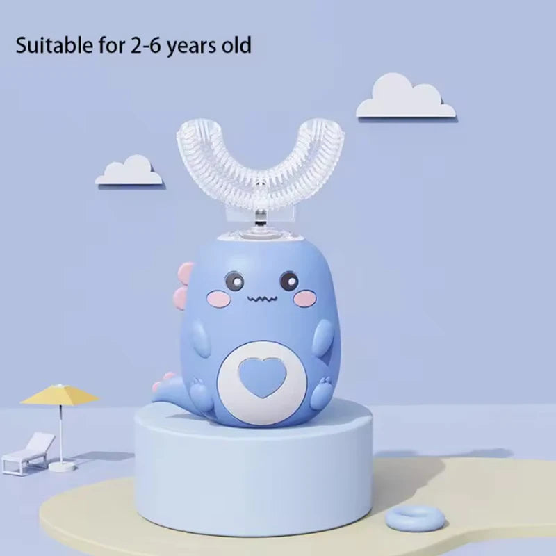 Escova de dentes elétrica infantil em formato de U, escova de silicone com desenho animado 360 graus, recarregável.
