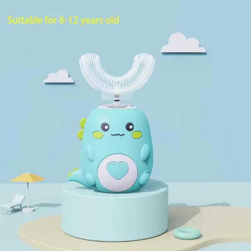 Escova de dentes elétrica infantil em formato de U, escova de silicone com desenho animado 360 graus, recarregável.