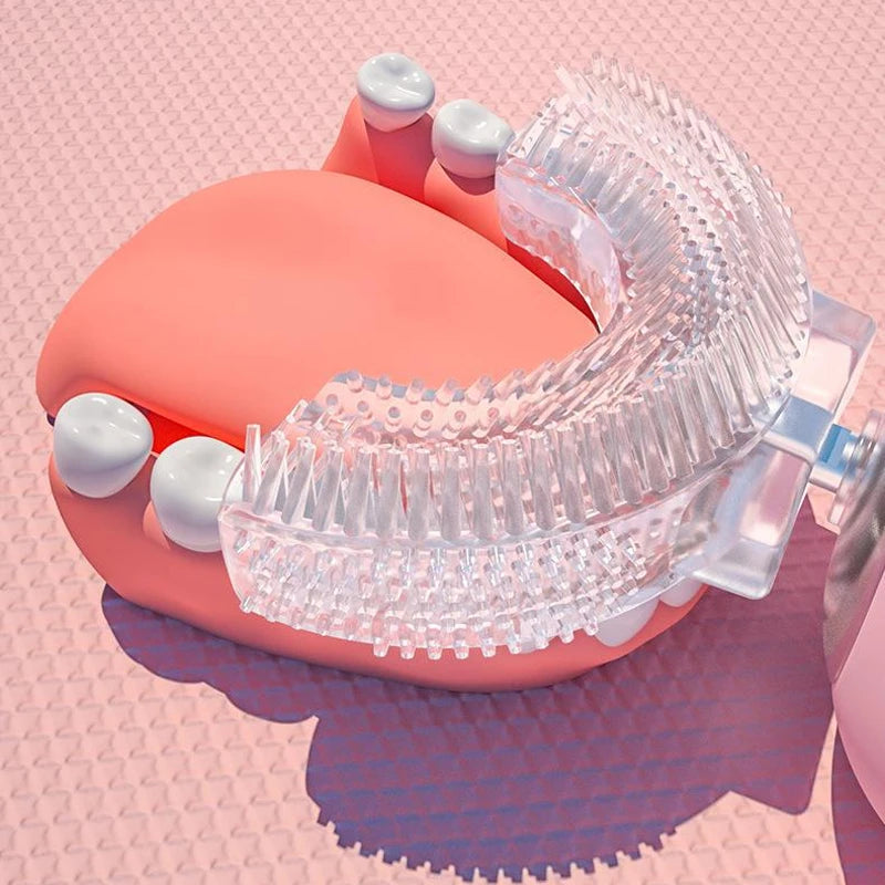 Escova de dentes elétrica infantil em formato de U, escova de silicone com desenho animado 360 graus, recarregável.