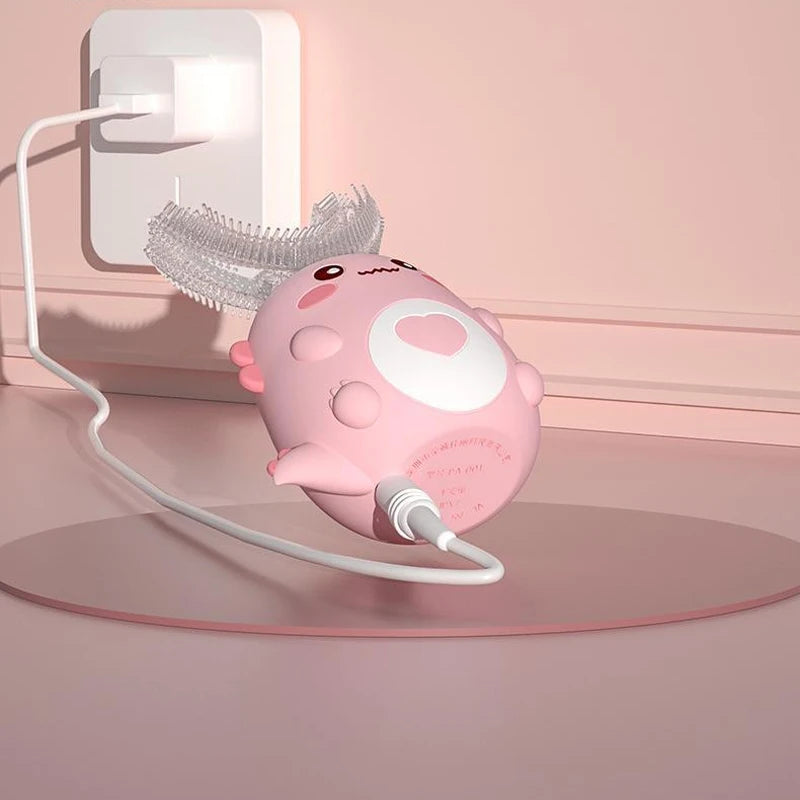 Escova de dentes elétrica infantil em formato de U, escova de silicone com desenho animado 360 graus, recarregável.
