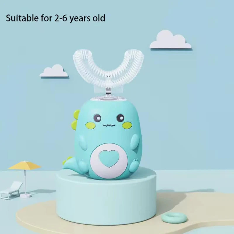 Escova de dentes elétrica infantil em formato de U, escova de silicone com desenho animado 360 graus, recarregável.