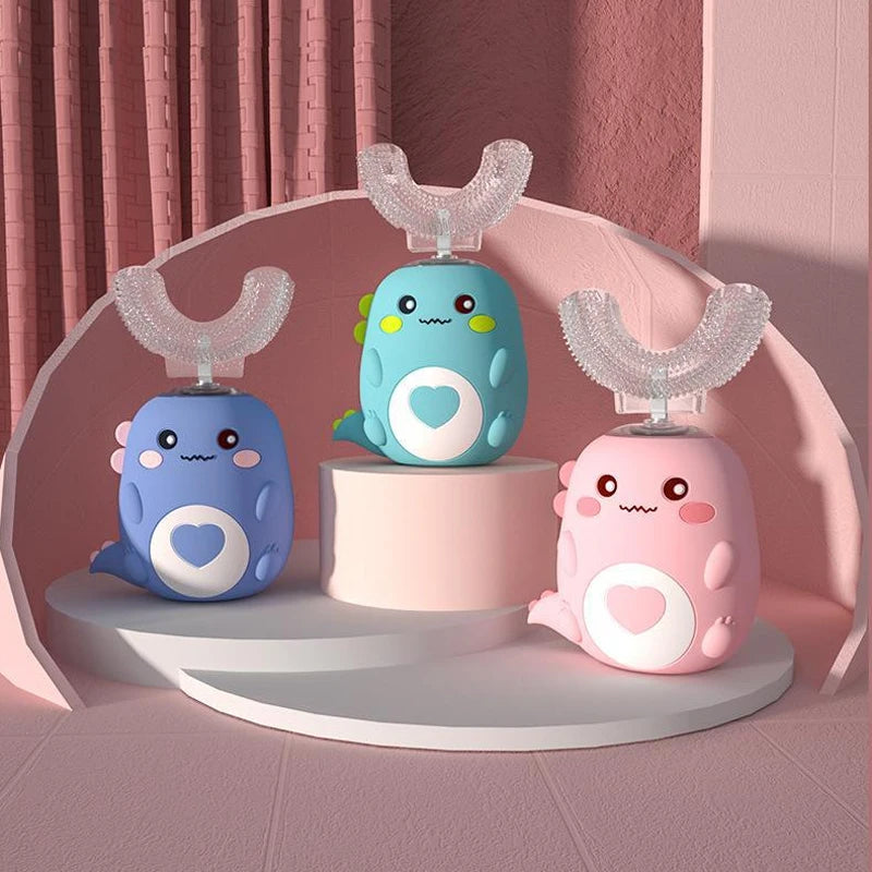 Escova de dentes elétrica infantil em formato de U, escova de silicone com desenho animado 360 graus, recarregável.